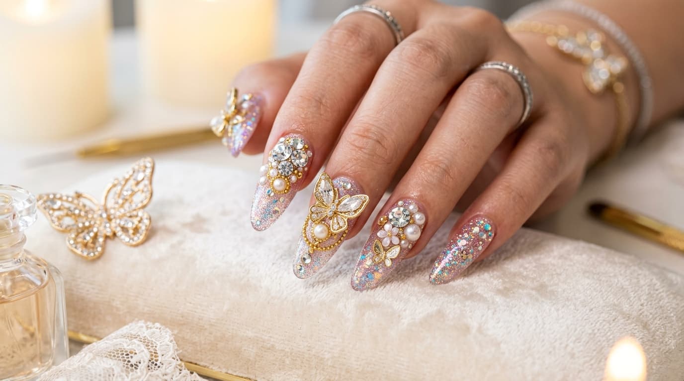 Close-up of sparkling 3D nails with butterfly charms and crystal rhinestones