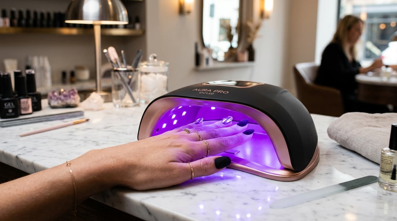 Manicure hand curing inside a UV LED nail lamp on marble salon table