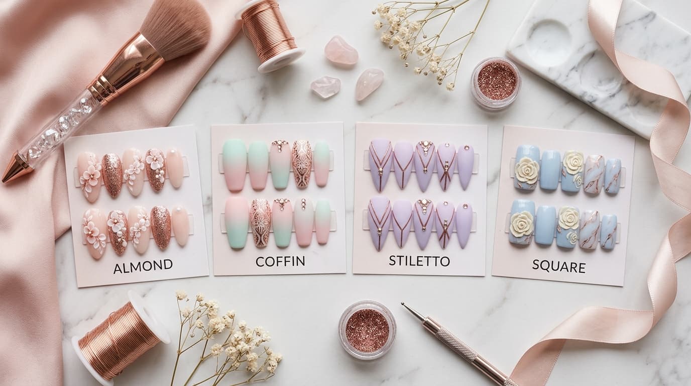 Comparison of almond, coffin, stiletto and square acrylic nail designs